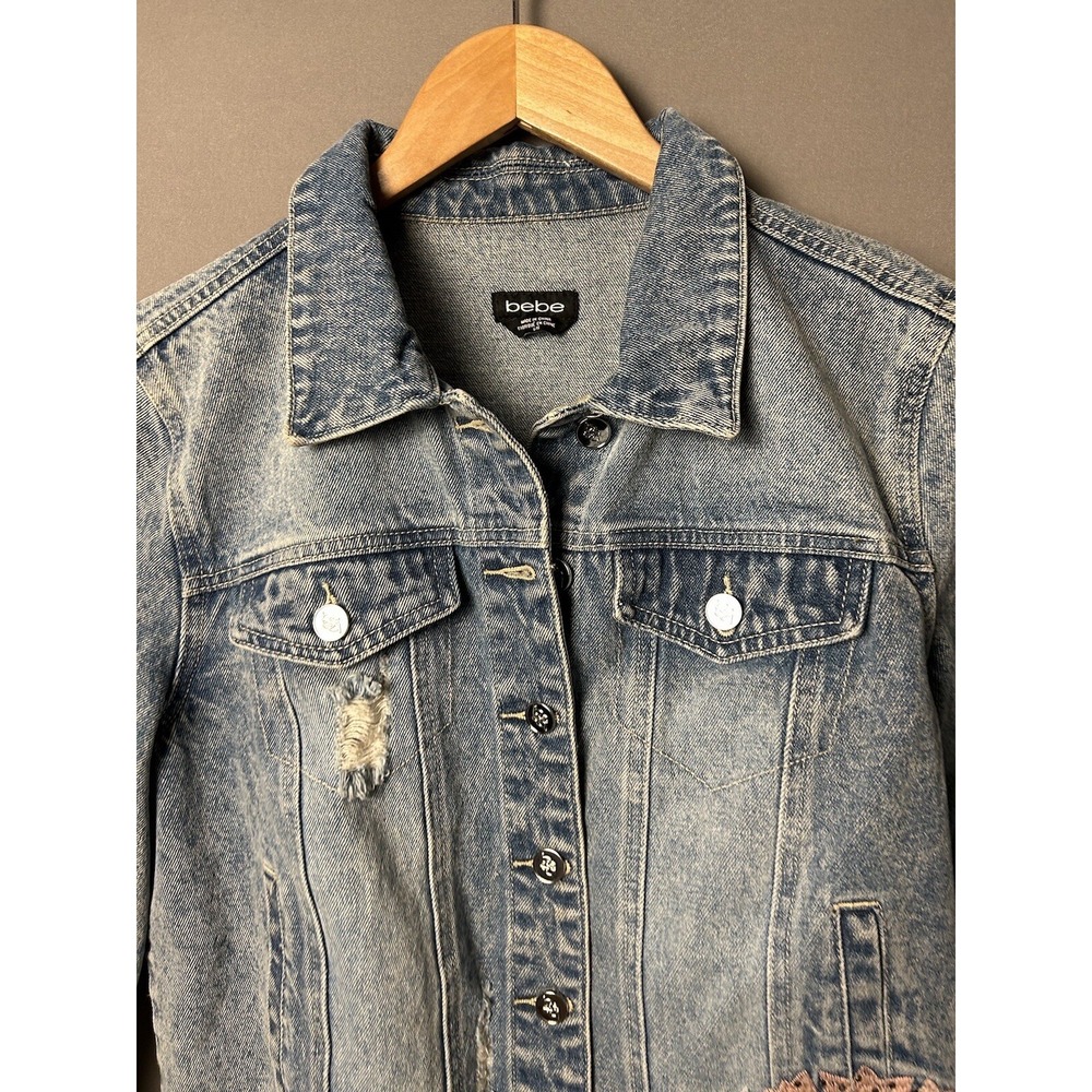 Bebe Jacket Large Embroidered Cropped Denim Distressed Frayed Hem - Picture 3 of 13